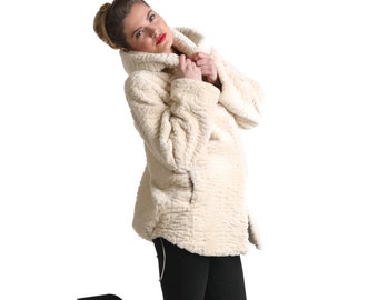 Luxury gift |  Beige Beaver  fur Coat | Fur jacket full skin Knee length | Wedding or anniversary present | Gift for her