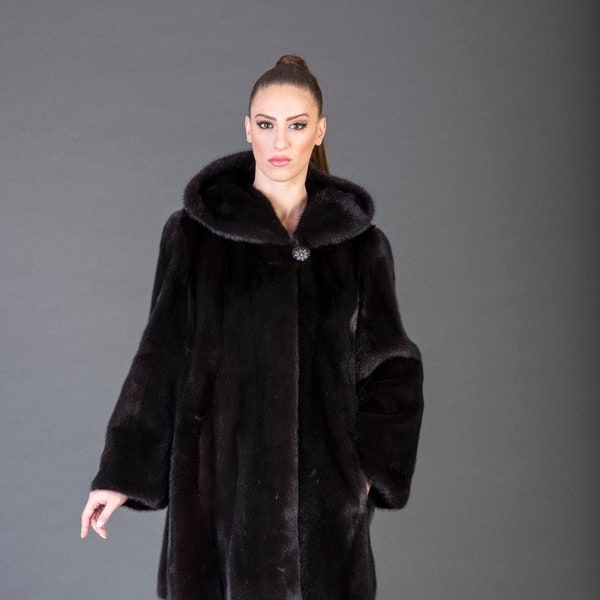 Manteau de fourrure à capuchon Black Mink | Manteau de fourrure à capuchon | Manteau de vison noir | Manteau de fourrure de luxe | Mink Fur Coat | Cadeau de manteau de fourrure