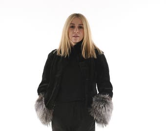Luxury gift |  Black sheared Mink Fur Coat |  With Fox Cuffs |  Fur jacket Full skin | JESSICA