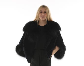 Luxury gift | Black sheared Mink Fur Cape  With Fox |  Fur jacket Full skin | JESSICA