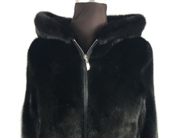 Men's Black Mink Fur Bomber Jacket Hooded