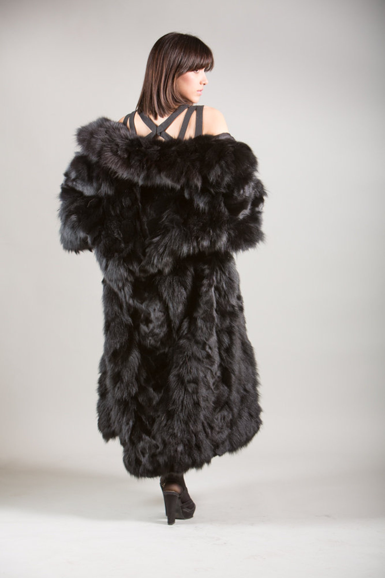 Luxury Gift Black Fox Fur Coat Fox Collar Full Length Etsy