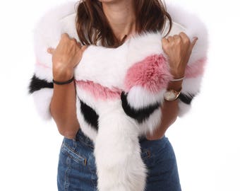 Luxury gift/High Quality White with Pink And Black  Fox Fur Collar  Women's/wedding or anniversary present