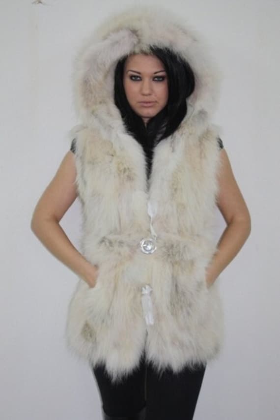 Luxury Gift Cream Fox Fur Vest Hooded, Mouton Coat Definition