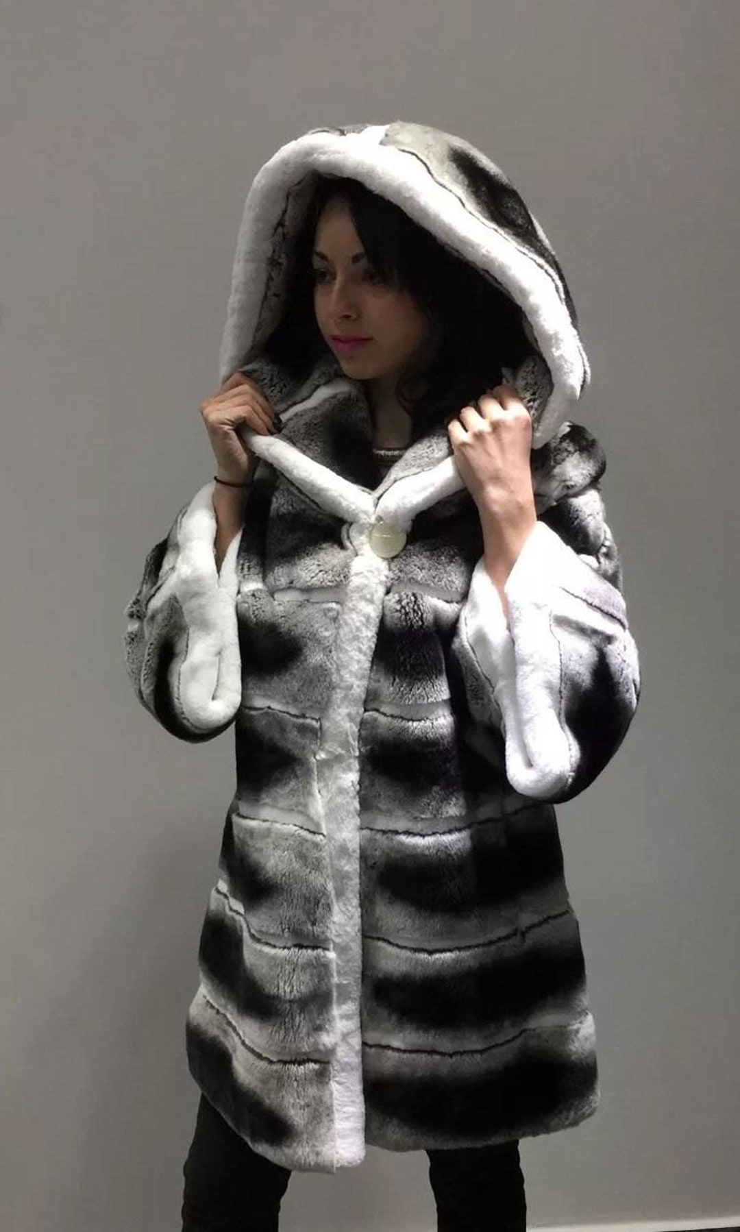 Luxury Gift Chinchilla Colored Rex Rabbit Fur Coat Fur Jacket Full