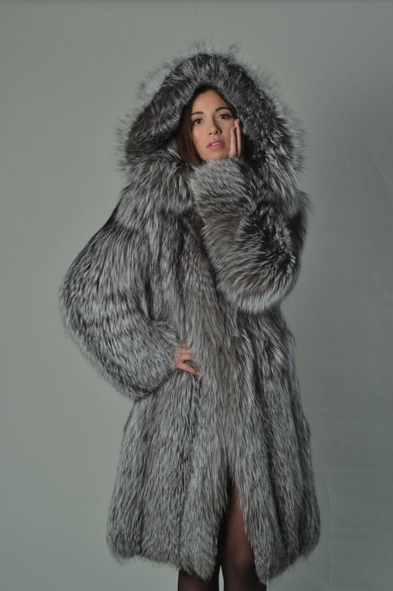 Red sheared mink fur coat with blue frost fox fur collar and cuffs