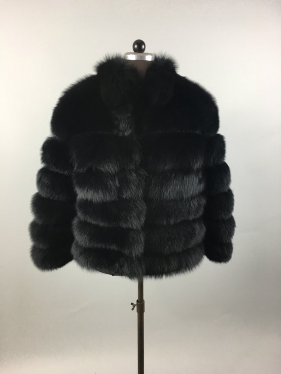 FRR Fur Jacket - Rex Rabbit Fur with Fox Fur Collar - Black