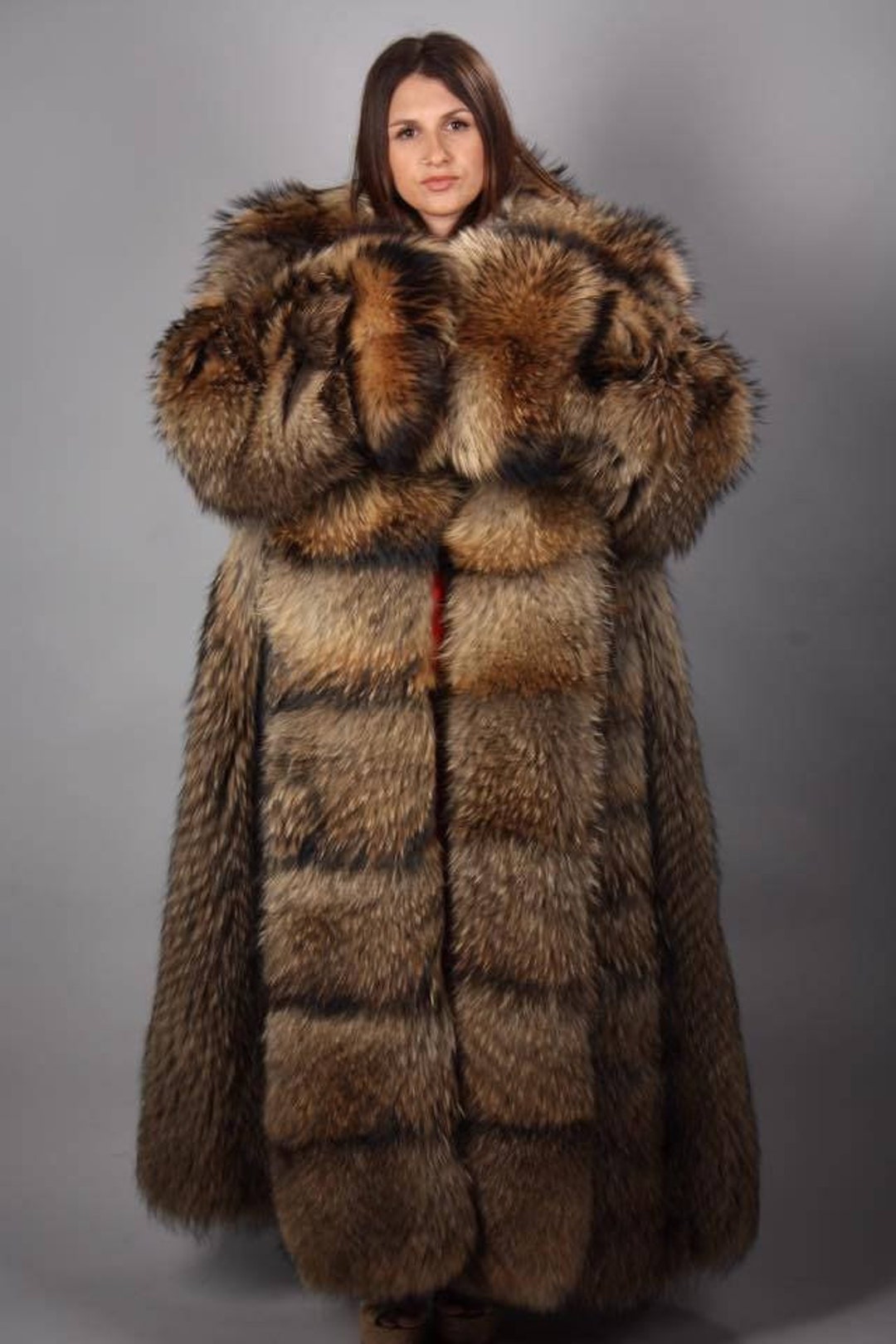  Women's Genuine Rabbit Fur Coat with Raccoon Fur Trim Hood  Winter Hooded Fur Jacket : Clothing, Shoes & Jewelry