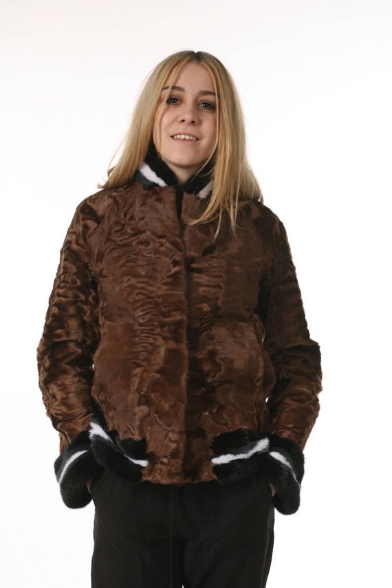 Brown Swakara Fur Coat With Mink Golf 