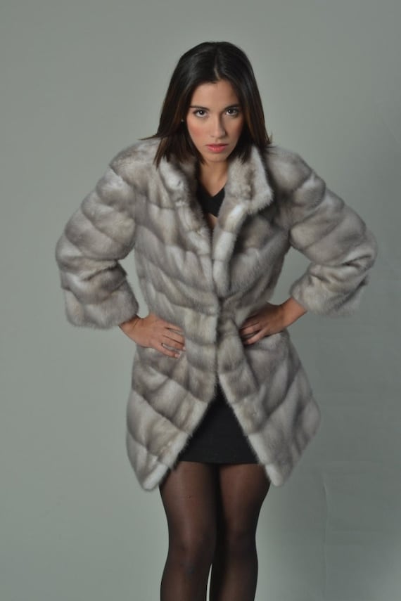 Silver Blue Full Skin Mink Fur Jacket With Hood Real Mink Fur