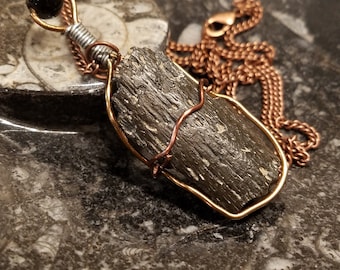Colgante fósil de baculita: piedra antigua envuelta en alambre y ónix sobre cadena de cobre