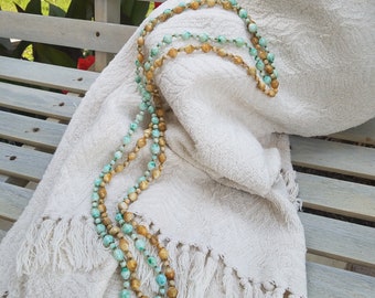 Collares de cuentas vintage de los años 70: cristales de resina, dorados/beige y verdes/aguamarina, par de capas largas