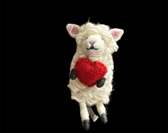 Handmade felt sheep  with a heart decoration/ornaments for any flat surface or for hanging. Happy valentine perfect gift