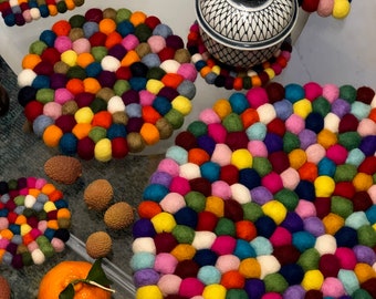 felt pom pom  round multicolour coasters ,handmade in Nepal. Set of 3