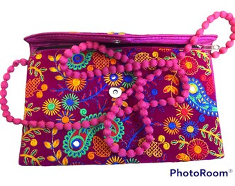 Handmade embroidered boho hippy funky crossbody clutch bag