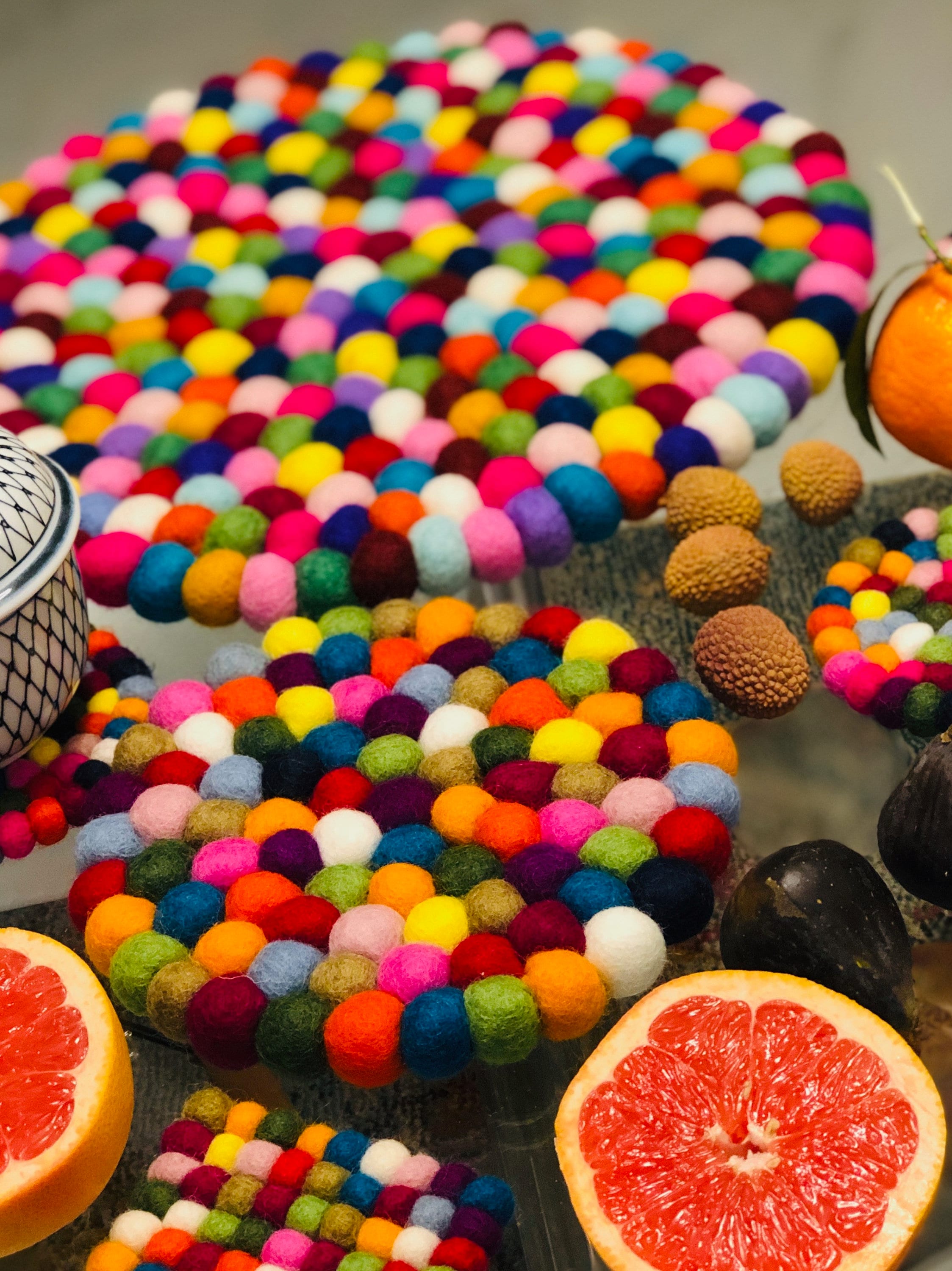 Felt pom pom trivets/hotpads 20cm round handmade in Nepal Etsy