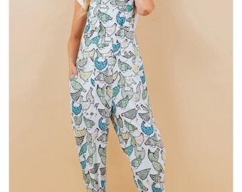 Chicken  Print white chicken overall dungree hippy bohemian casual style