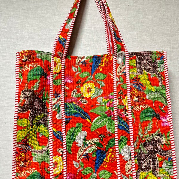 Extra large , animal print  super size 100% cotton  kantha quilted boho , tote, shopping bag reversible too