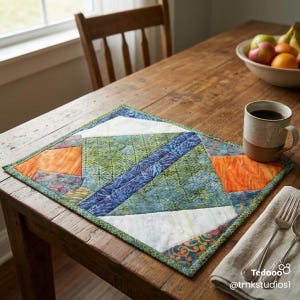 Puede incluir: Un mantel individual acolchado y colorido con patrones geométricos en tonos verdes, azules, naranjas y blancos. El mantel individual está colocado sobre una mesa de madera, junto a una taza de café y cubiertos.
