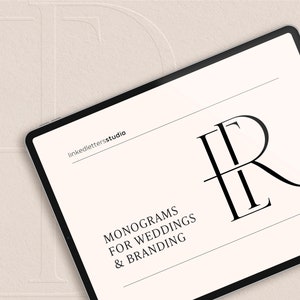Puede incluir: Una tableta digital blanca con un borde negro muestra un diseño gráfico para un logotipo de monograma. El logotipo es un "LR" estilizado con las letras entrelazadas. El texto "linkedletterstudio" y "MONOGRAMAS PARA BODAS & MARCAS" se muestra en la tableta.