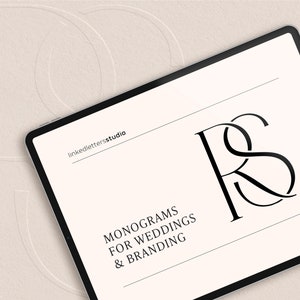 May include: A white digital tablet with a black border displays a graphic design for a monogram logo. The logo is a black and white intertwined "RS" with the text "linkedletterstudio" and "MONOGRAMS FOR WEDDINGS & BRANDING" below the logo.