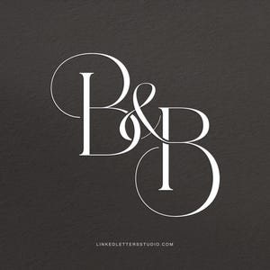 Op de afbeelding: Een wit monogramlogo met de letters B&B in een gestileerd handschrift. Het logo staat op een zwarte achtergrond. De tekst "linkedlettersstudio.com" staat onder het logo.