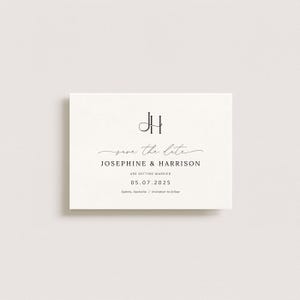 May include: A white save the date card with black calligraphy. The card features the initials "JH" in a monogram style, followed by the text "save the date" in cursive. The names "Josephine & Harrison" are printed below, along with the date "05.07.2025" and the location "Sydney, Australia". The text "invitation to follow" is printed below the location.