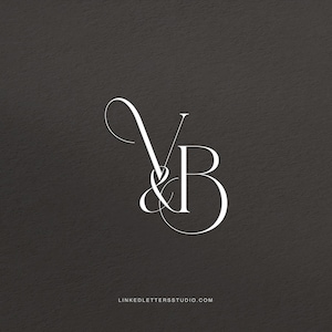 Op de afbeelding: Wit elegant monogram met de letters "V" en "B" verweven met een ampersand, tegen een donkergrijze, getextureerde achtergrond. De website linkedlettersstudio.com staat onderaan.
