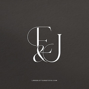 May include: A stylish white monogram with the letters "E" and "J" in a decorative font, set against a dark grey textured backdrop. The design includes an ampersand. The website address linkedlettersstudio.com is at the bottom.