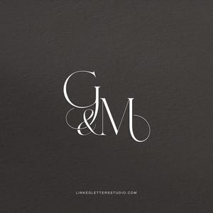May include: Elegant white monogram featuring the letters G and M intertwined with an ampersand, set against a dark gray textured background. The website linkedlettersstudio.com is displayed at the bottom.