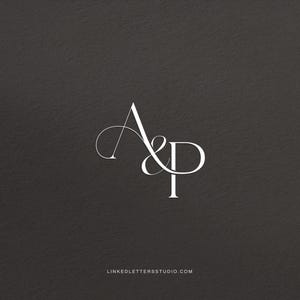 May include: White stylized monogram of the letters "A" and "P" on a dark gray textured background. The letters are intertwined in an elegant, cursive font. The website address linkedlettersstudio.com is at the bottom.