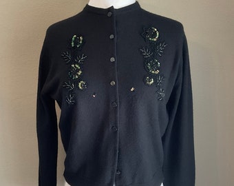 True Vintage 50s Black Beaded Sequin Cardigan / Rockabilly Black Orlon Jeweled Cardigan / Vintage Beaded Sweaters