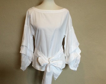 Boho White Cotton Puff Sleeve Blouse / Chic Bohemian White Blouse w Attached Wide Bow Tie Sash / Size M / Designer Max Studio