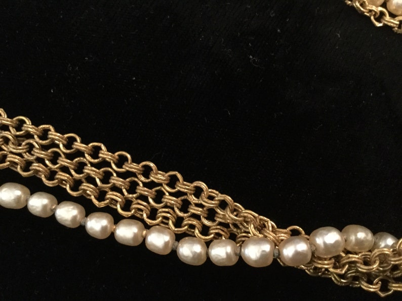 MIRIAM HASKELL Baroque Pearl NECKLACE 4 Strands 28 3 Double Link Russian Gold tone chains Faux pearl-encrusted Signed Round Box Clasp