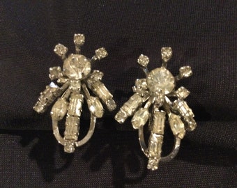 50s Rhinestone Designer Earrings / Bridal Rhinestone Cluster Earrings / Silver Tone / Bridal Wedding Jewelry / Earrings Signed Duane