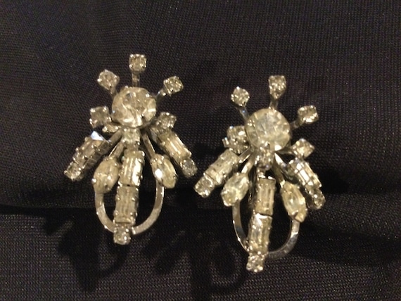 50s Rhinestone Designer Earrings / Bridal Rhinest… - image 1
