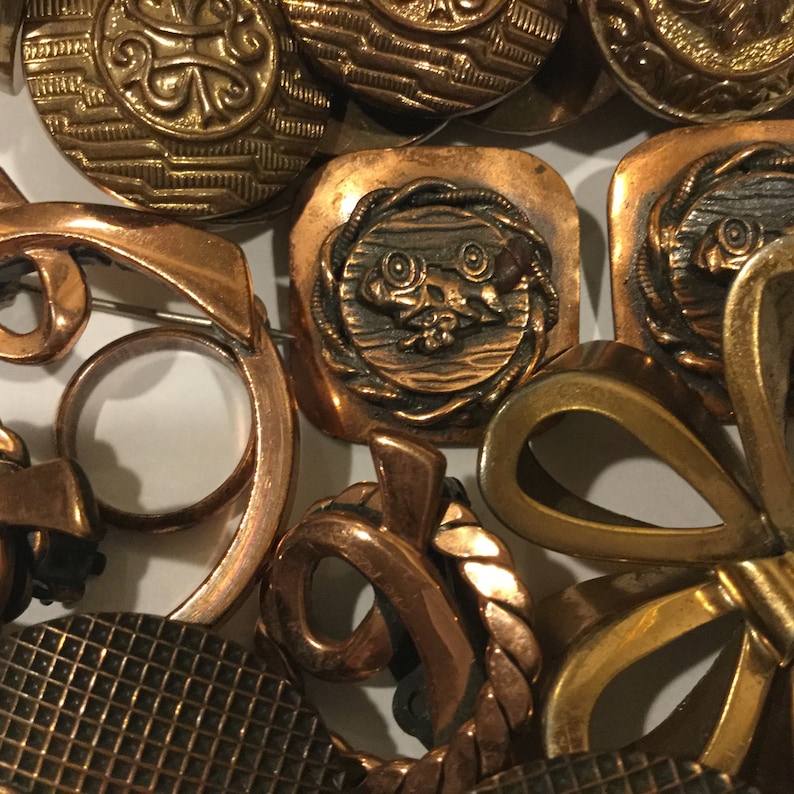 Vintage Copper Jewelry Lot 10 Pc Designer Signed Renoir Steiner Copper Brooches Brooches Earrings Button Bracelet Mid Century