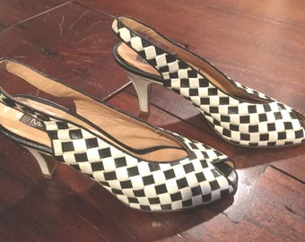 80s MAUD FRIZON SHOES Leather Slingbacks Black White Check Lattice Size 5.5 B / Designer Maud Frizon Pumps /  Designer Leather Check Pumps
