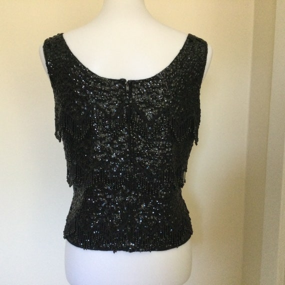 60s Vintage Black Bead Sequin Shell Top / Label S… - image 6