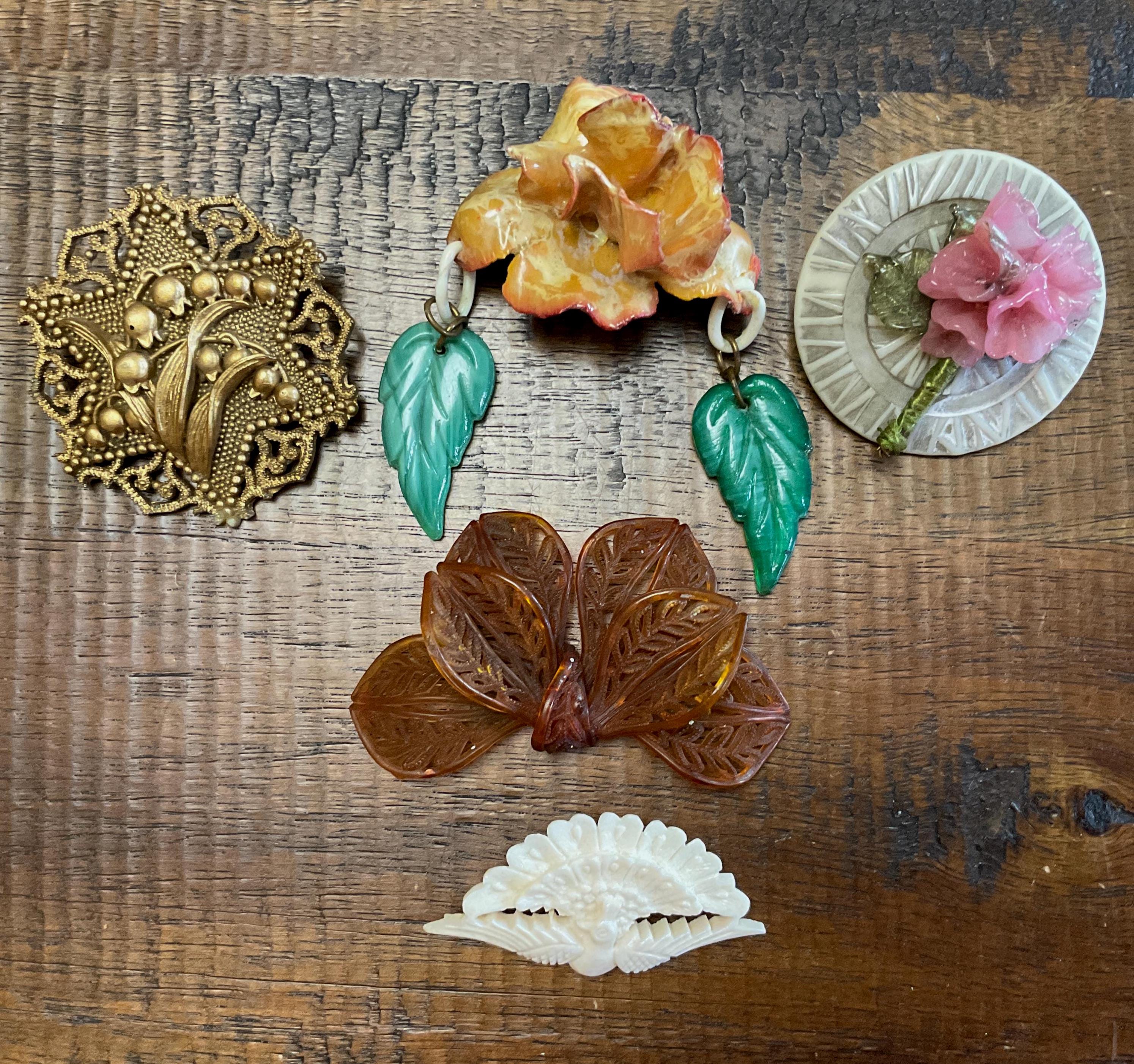 Carved Celluloid Heart Brooch