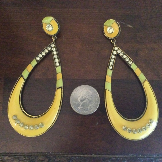 Huge Yellow Enamel Rhinestone Hoop 4" Earrings / … - image 4