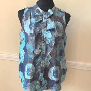 J. Crew Silk Blend Floral Metallic Ruffled Sleeveless Blouse S / NWT Bold Floral Aqua Blue Silver Metallic Print Blouse Ruffled Front J Crew