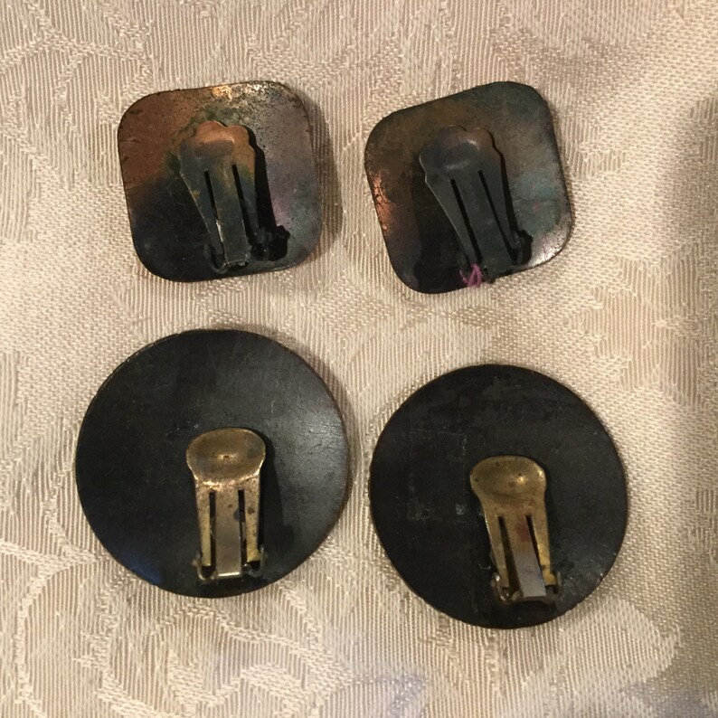 Vintage COPPER Clip Earrings 2 Pair Mid Century Copper Earrings Waffle Design w Overlay Motor Car overlay Copper Clip Eariings