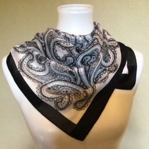 Silk PAISLEY SCARF / Black White Silver Silk Paisley Scarf / 30 X 28" / Hand Rolled Stitched Borders