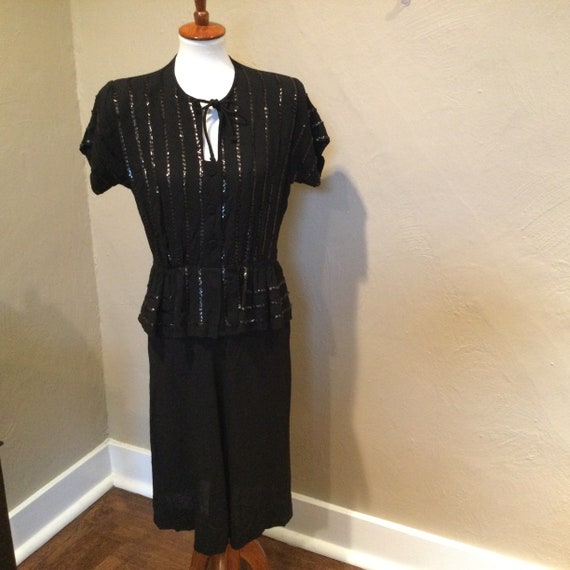 Vintage 1940s Black Crepe Sequin Dress / Peplum Se