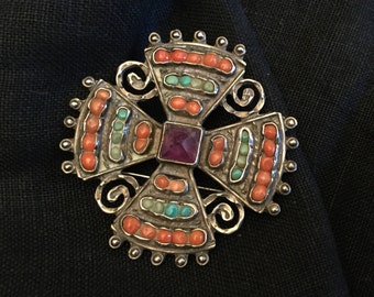 Vintage MATL Matilde Poulat Ricardo Salas Signed Brooch Maltese Cross Mexican Pin Sterling Silver Amethyst Turquoise Coral 50s Rustic Design