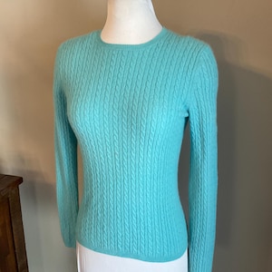 Turquoise Cashmere Cable Knit Sweater Small 32 - 33 Chest / Anne Klein Womens Cashmere Sweater / Classic Crew Neck Cable Knit Cashmere Swtr