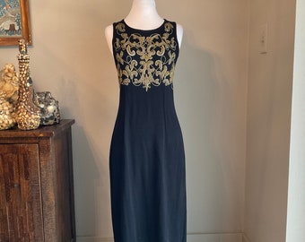 Vintage Carole Little Black Maxi Gold Beaded Maxi Dress Criss Cross Back Med / Black Gold Bead Evening Gown / Fancy Formal Event