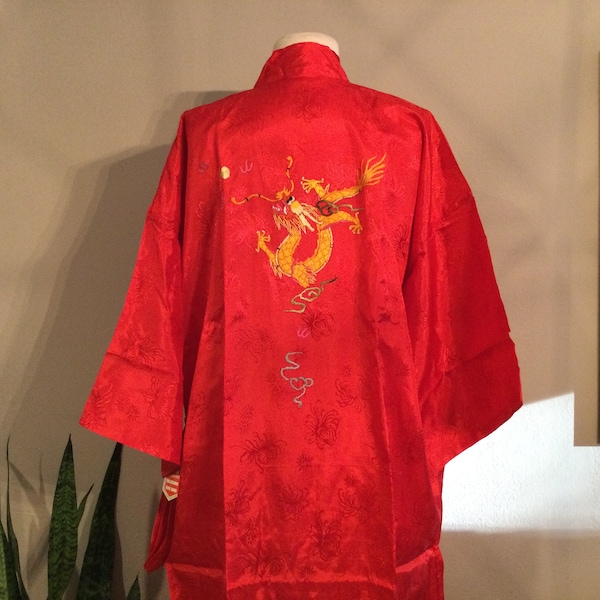 Asian Red Satin Robe w Gold Thread Dragon NOS w Tag / Embroidered Gold Dragon Robe / Red Dragon Robe / Red Robe Gold Embroidery Dragon / L