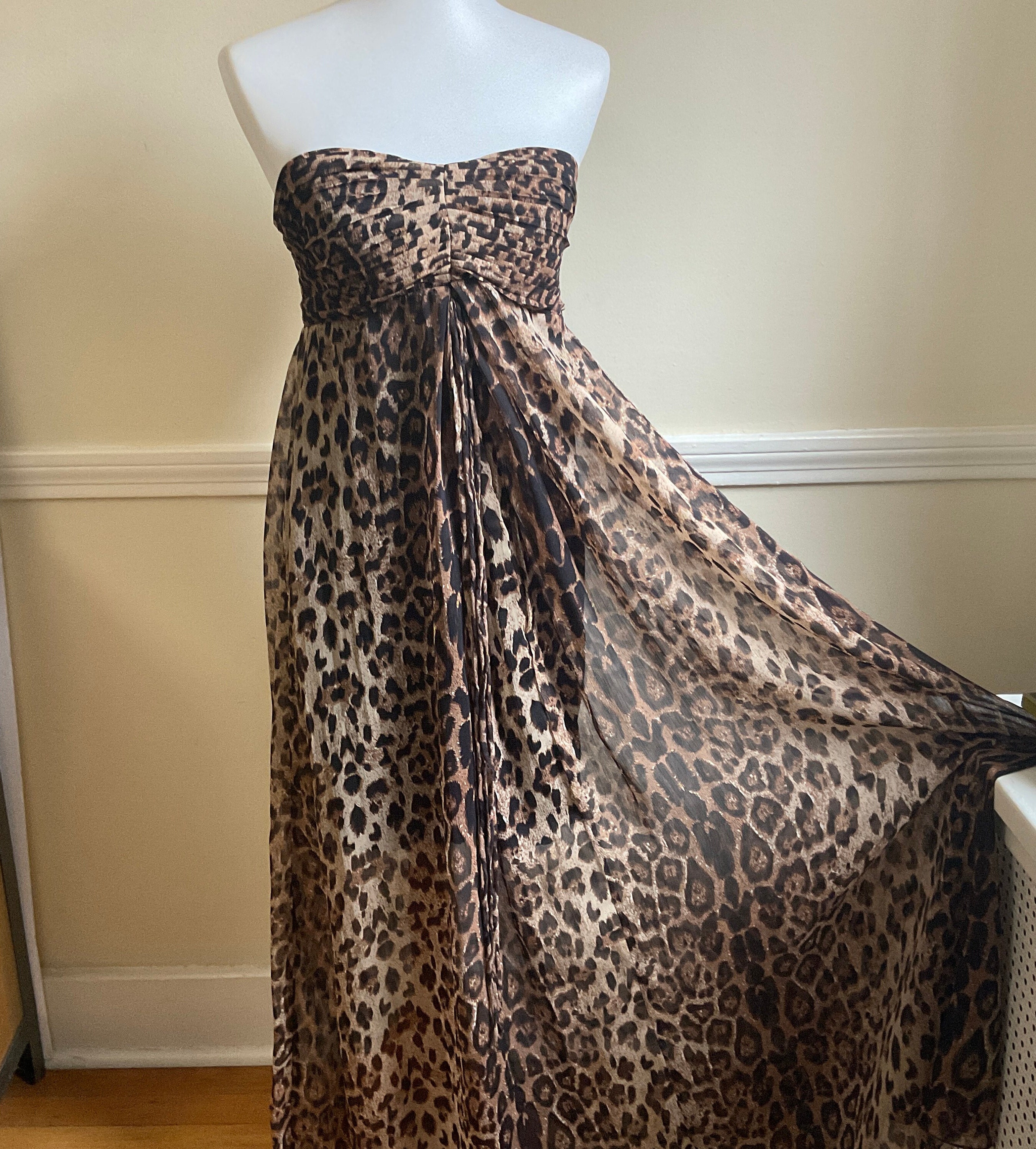 Leopard Print Strapless Maxi Dress Sheer Animal Print Strapless